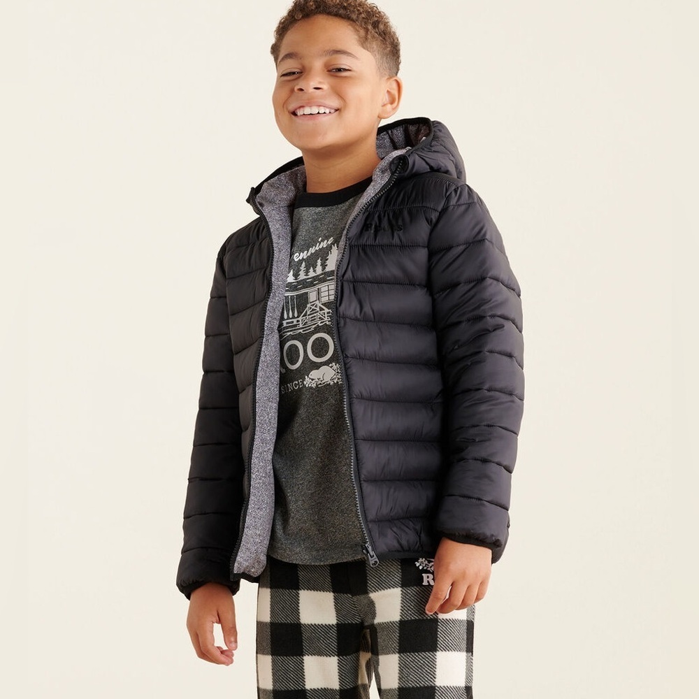 ROOTS Kids Reversible Winter Puffer Jacket Hood Black Gray XXL